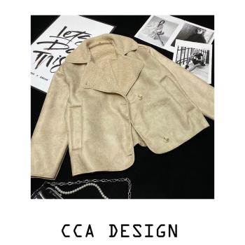CCA自制北歐風翻領繭型麂皮羊羔毛內裡大衣廓形皮毛一體毛絨外套