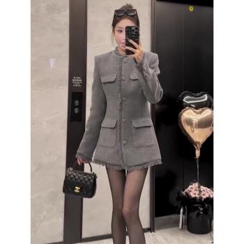 韓版名媛小香風流蘇收腰毛呢外套女冬季設計感修身中長款氣質上衣
