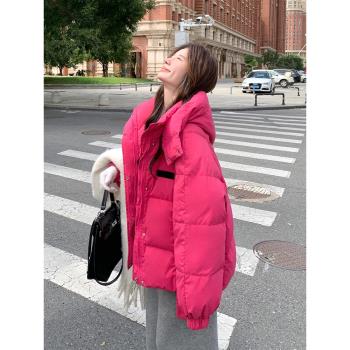 90白鴨絨羽絨服女冬短款2024新款學院紅色連帽麵包服加厚襖子外套