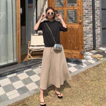 韓國東大門半袖連衣裙女春秋2025年新款拼接假兩件長款連帽衛衣裙
