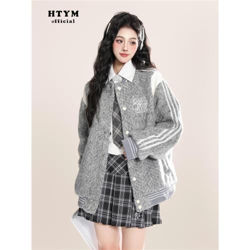 HTYM黎泰學院 學院風棒球服呢子夾棉外套女冬季夾克羊毛棉服上衣