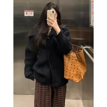 黑色翻領慵懶風毛衣外套女秋冬季高階感加厚寬松軟糯針織開衫上衣