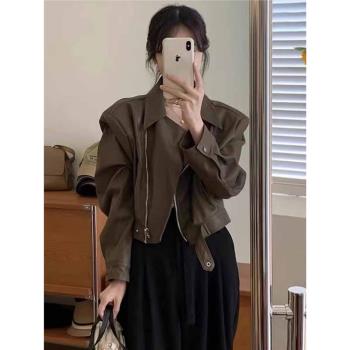 外套女棕色春秋款高級感復古皮衣