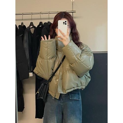 亮面免洗PU皮短款立領加厚羽絨服