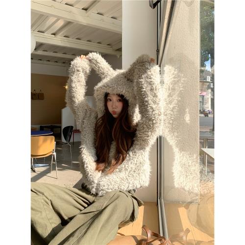 DOMX秋冬季短款可愛兔耳朵仿皮草毛絨連帽外套女慵懶風加厚上衣