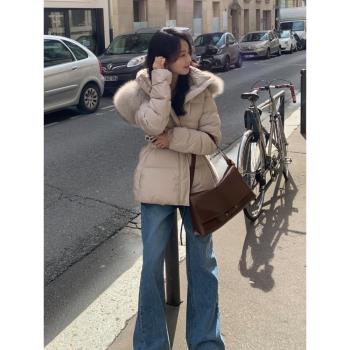 韓國大狐貍毛領連帽羽絨服女冬季新款中長款修身顯瘦加厚羽絨外套