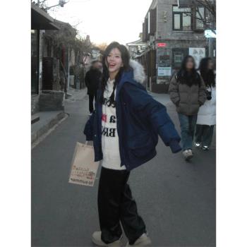 鹽系工裝派克服女短款美式oversize藍色羽絨棉服冬季高街外套棉衣