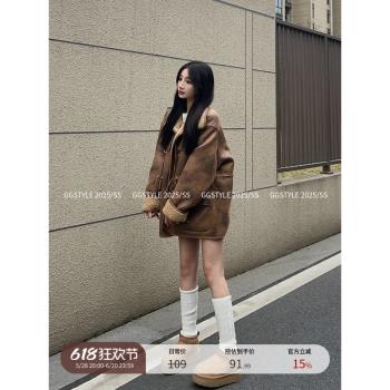 潮牌羊羔毛外套冬季寬松做舊麂皮