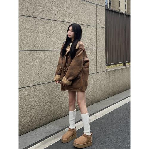 羊羔毛麂皮兩面穿設計感加厚外套女冬季美式潮牌寬松做舊機車服潮