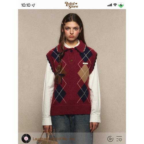 LOLOL 手工鉤花 2025新款復古學院菱形格針織無袖毛衣女馬甲背心