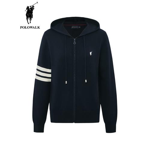 POLOWALK女簡約條紋袖連帽針織外套2024秋冬新款tb風拉鏈毛衣開衫