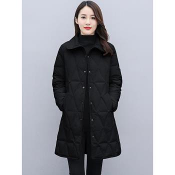 菱形格中長款冬季修身黑色羽絨服