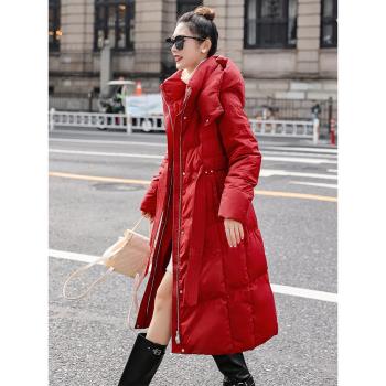 歐洲站紅色過膝韓版時尚羽絨服