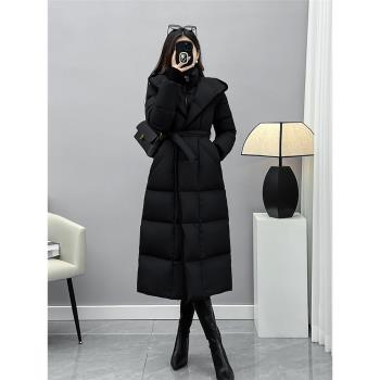 長款通勤中戲女冬系帶連帽羽絨服