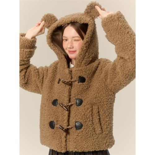 LOLOL ® 24AW 連帽牛角扣棉服女小個子短款羊羔毛外套女2025冬季