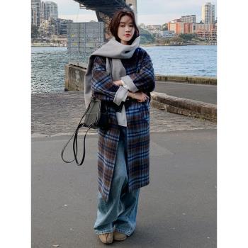 設計感兩面穿格子雙面羊絨大衣女中長款2024深秋初冬穿搭毛呢外套