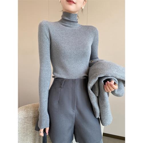 PINKEEN灰色高領長袖針織衫女秋季2025新高級感氣質時尚打底毛衣