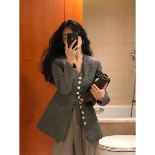 春季氣質毛呢職業西裝外套女春裝2025年歐貨爆款休閑v領灰色上衣