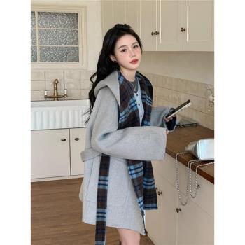 連帽灰色收腰雙面羊絨呢子外套