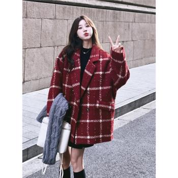 紅色格紋小香風毛呢外套女2024冬新款韓版加厚羽絨內膽風呢子大衣