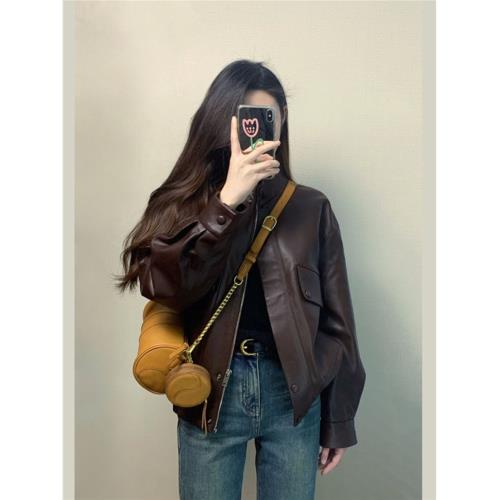 棕色皮衣外套女2024新款爆款秋冬季小個子今年流行的皮夾克超好看