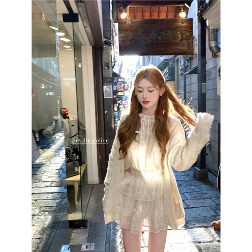 遲傘傘 奶油序曲 光澤感天絲花邊襯衫網眼羊毛針織開衫慵懶外套