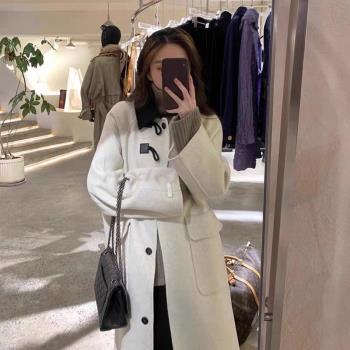 燕麥色牛角扣雙面羊絨大衣女2024秋冬季新款小個子拼接羊毛呢外套