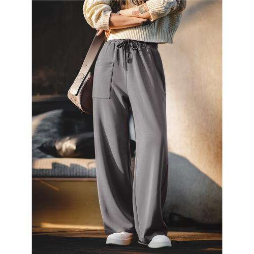 馬登深灰色衛褲直筒垂感顯瘦闊腿拖地腰繩彎刀褲加長版高個子女士