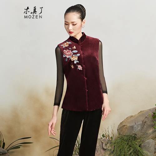 木真了中式唐裝馬甲上衣新品中國風牡丹刺繡加棉保暖絲絨馬夾419
