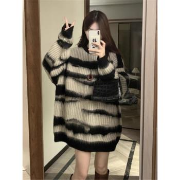 中長款斑馬紋羊絨毛衣女2024春秋新款寬松大版加厚遮屁股針織上衣