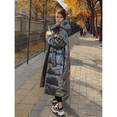 長款到腳踝免洗亮面羽絨服女冬季加厚寬松藝考連帽白鴨絨外套保暖