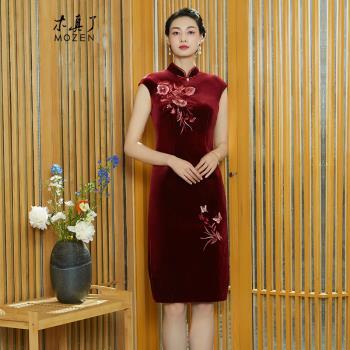 木真了絲絨旗袍裙中式刺繡新品宴會喜媽媽禮服中長款208