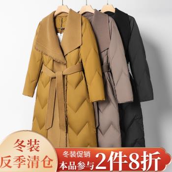 西湖閣老【瀾】冬裝 大翻領雙面呢拼接系帶長款羽絨服外套162