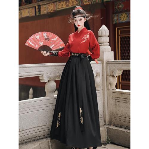 原創俠女風漢服女款初中生帥氣交領武俠古裝中國風紅黑色學生班服