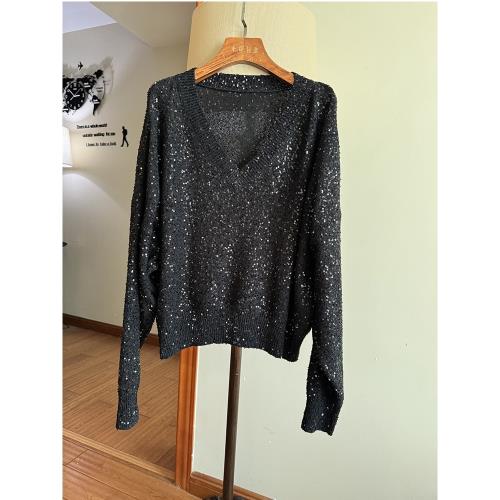 設計感重工亮片針織衫！早春V領寬松慵懶風長袖罩衫時尚奢華上衣