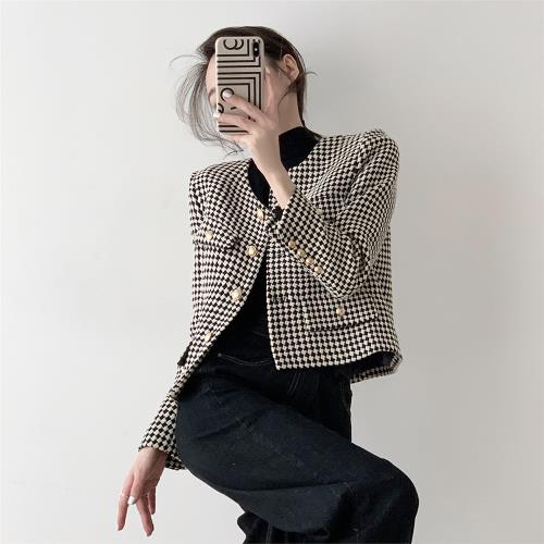 春秋新款法式小香風格子復古圓領短款外套女設計感寬松上衣