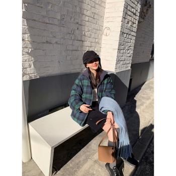 一三良品小個子 雙面穿~藏藍格子90白鴨絨短款羽絨服外套女小個子