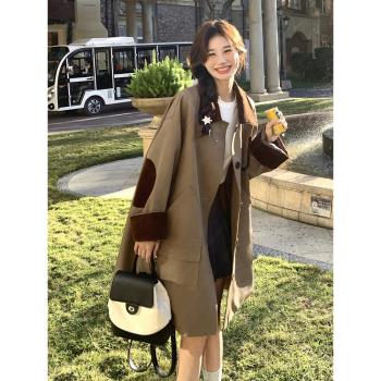 燈芯絨拼接休閑中長款風衣外套