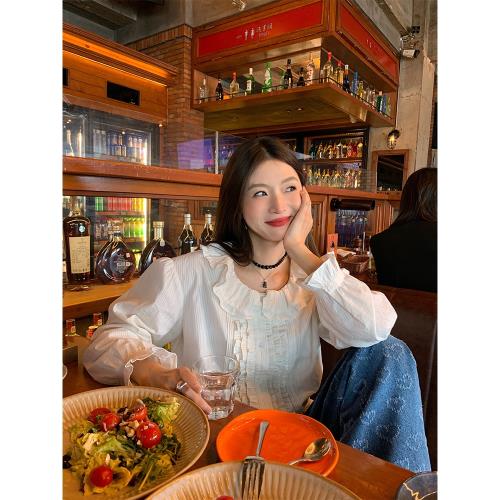 落落狷介白色法式襯衫女2024早春新款長袖上衣條紋襯衣小個子春裝