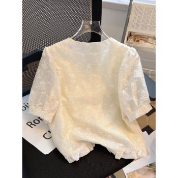 刺繡國風盤扣新中式上衣女夏法式泡泡袖v領別致獨特漂亮雪紡小衫