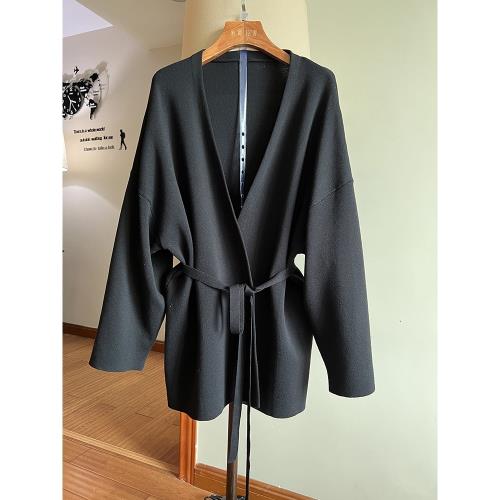 慵懶風高品質針織開衫 早春高密針織通勤簡約女士中長款風衣外套