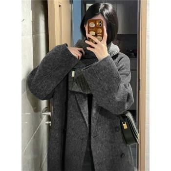 黑灰色中長款寬松雙面羊絨大衣