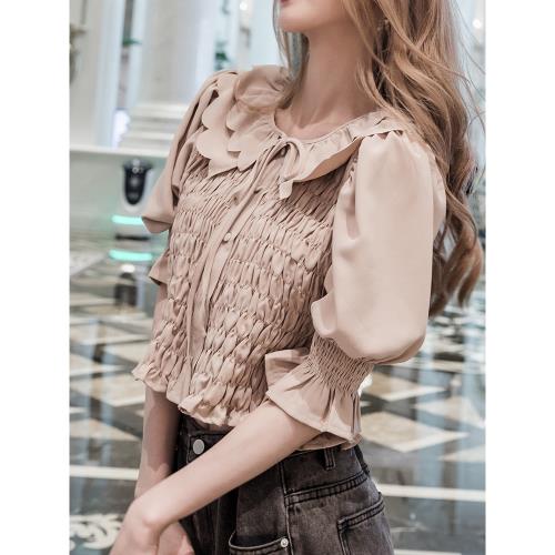 雪紡襯衫女夏很仙的上衣超仙夏季短袖雙層花瓣領復古公主袖雪紡衫