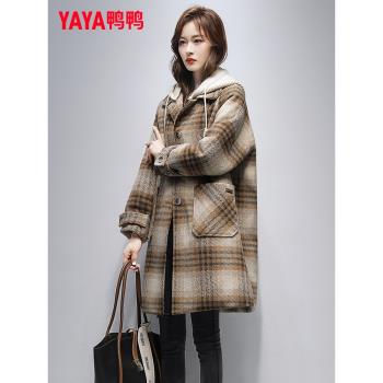 鴨鴨輕暖感連帽大衣羽絨服女冬季2023新款時尚韓版百搭設計感外套