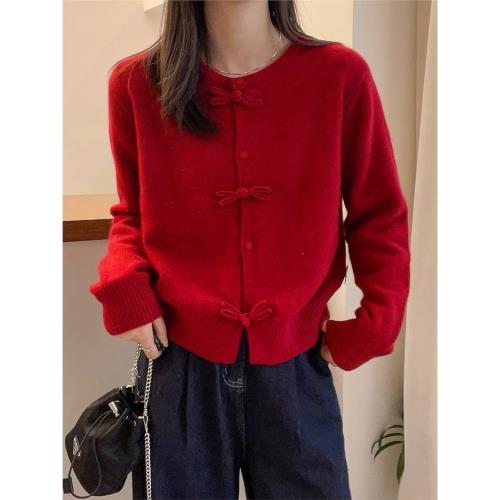 歐貨精紡羊毛新中式國風2025秋裝新款紅色開衫中國結圓領毛衣女裝