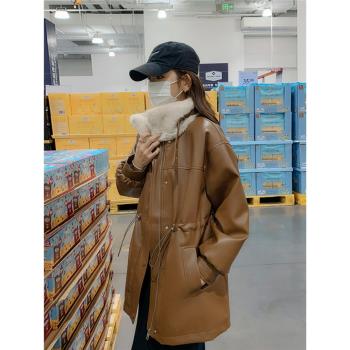 咖色皮衣派克服女冬短款2024新款小個子加絨加厚工裝機車大衣外套