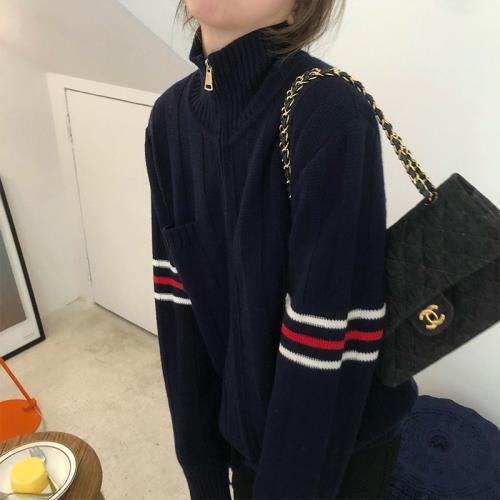 高領軟糯慵懶風拉鏈毛衣外套女2025年秋冬新款寬松針織開衫上衣