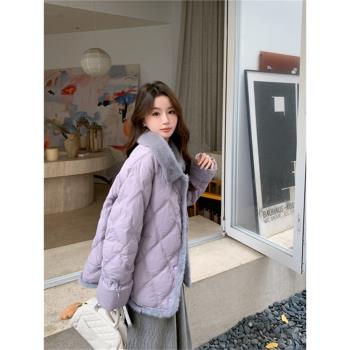淡紫色羽絨服女短款2024冬季新款設計感菱格寬松小香風白鴨絨外套