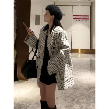 復古格子編織粗花呢西裝外套女秋冬2024新款高階感加厚中長款大衣