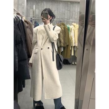 chic復古翻領雙排扣過膝毛呢外套